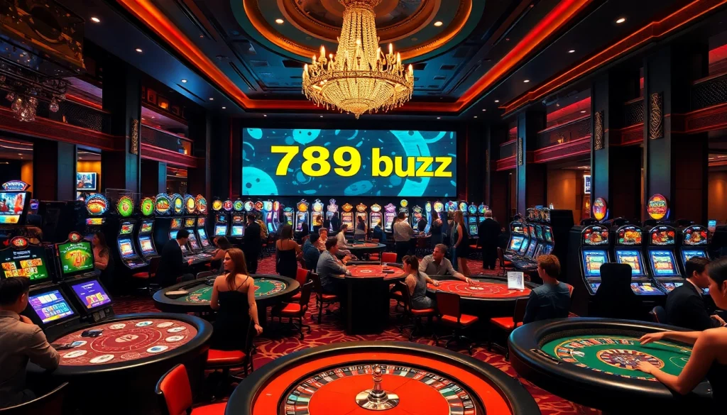 Exciting casino scene featuring players enjoying games with 789b buzz promotions visible on digital displays.