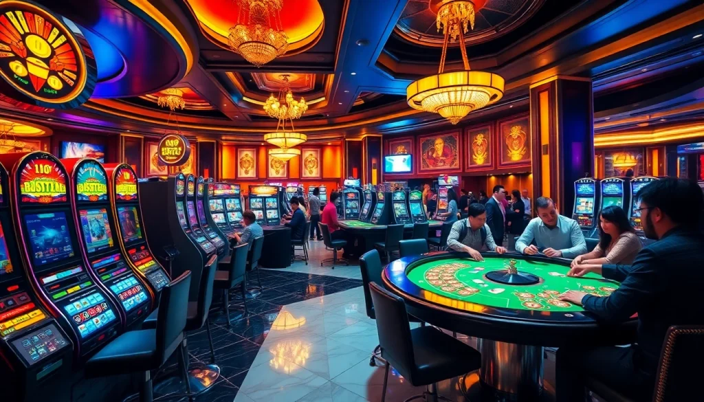 A thrilling casino atmosphere at trang chủ 188V featuring lively players at the poker table, surrounded by slot machines and a roulette wheel.