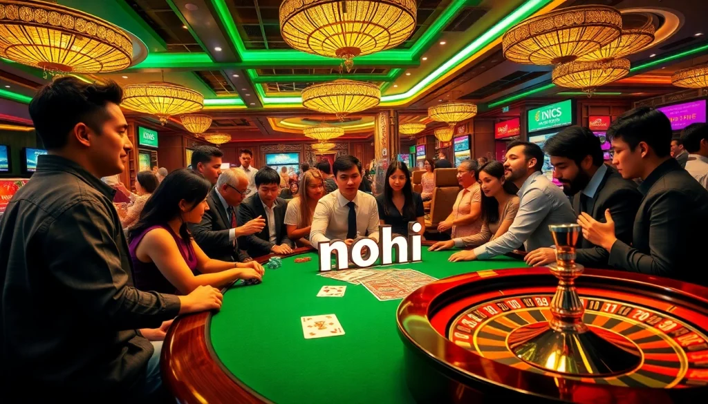 Players enjoying a game at the nohu poker table, filled with chips and cards in a vibrant casino setting.