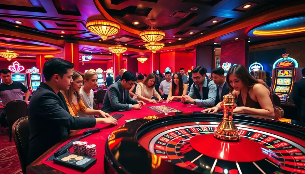 Experience the thrill of f1688 at an upscale casino table with players engaged in lively poker.