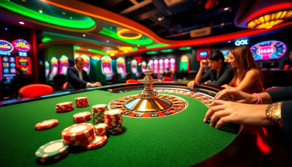 Experience the thrill at QQ88bet with gamblers placing bets at a vibrant roulette table.