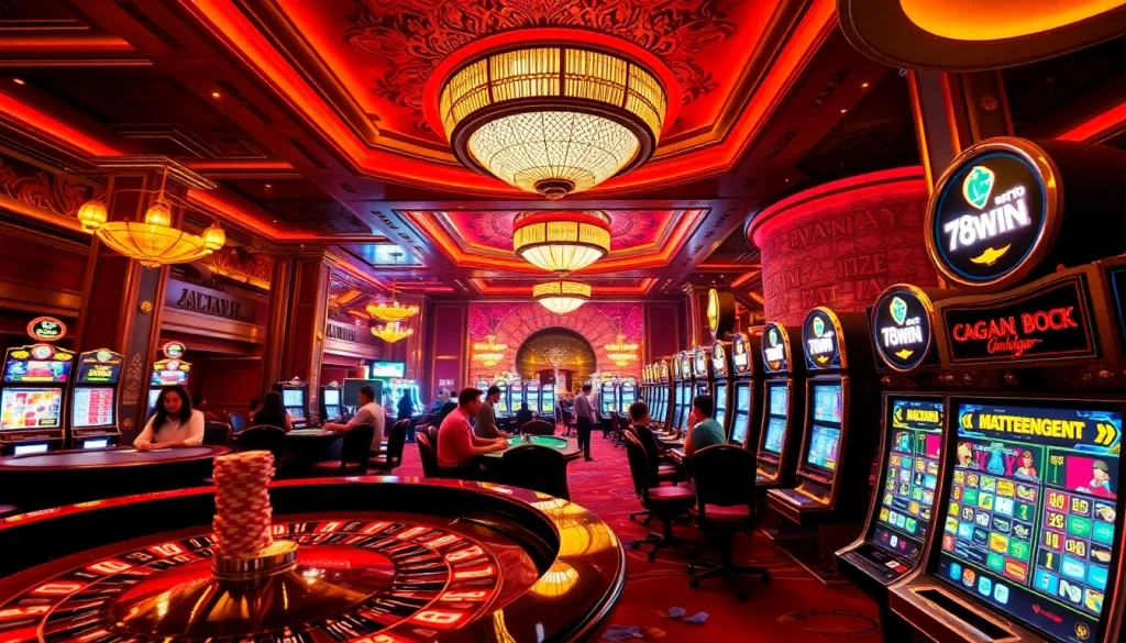 Experience the thrill of 78win's vibrant casino gaming floor with exciting tables and players.
